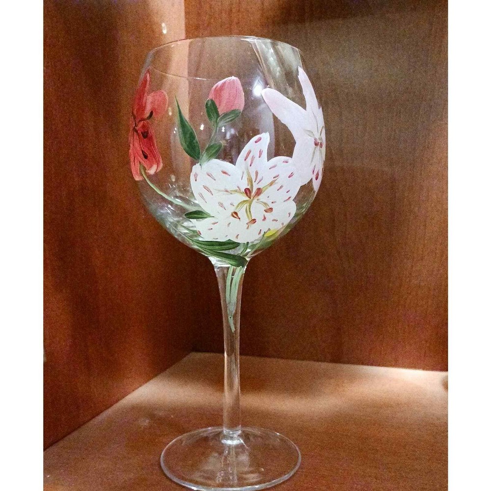 HAND PAINTED WINE GLASS Tropical Asian Lilly Flowers 9" Goblet